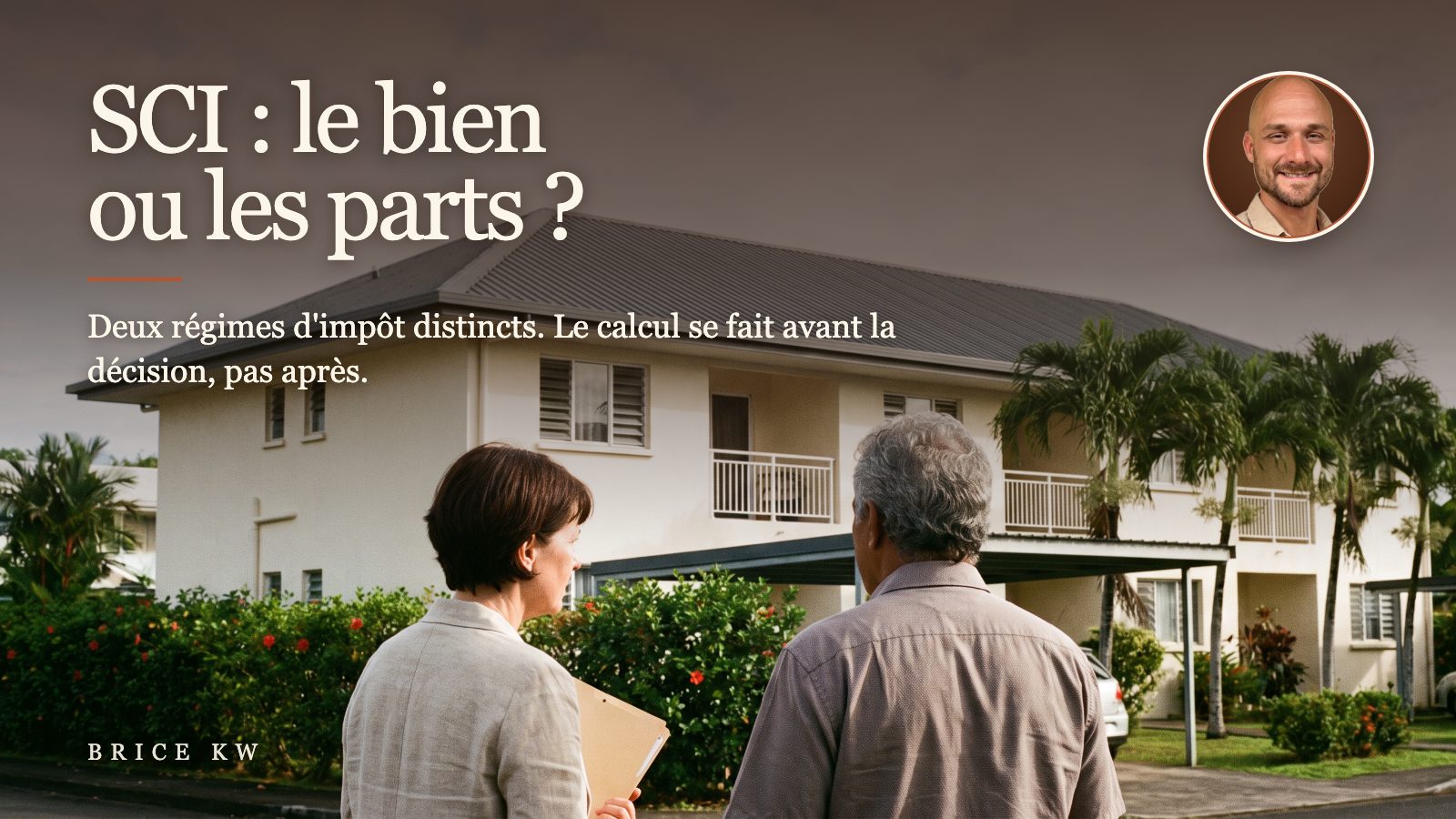 Deux associés de dos devant un petit immeuble locatif entretenu à Tahiti